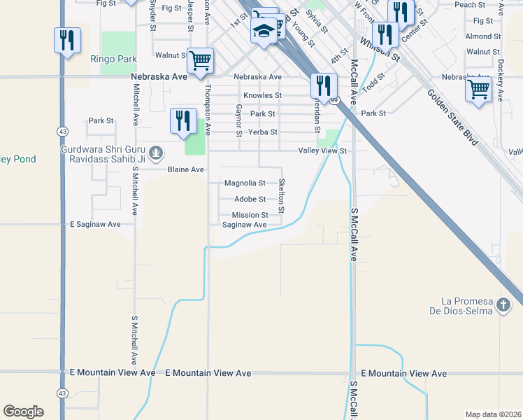 map of restaurants, bars, coffee shops, grocery stores, and more near 2230 Mission St in Selma