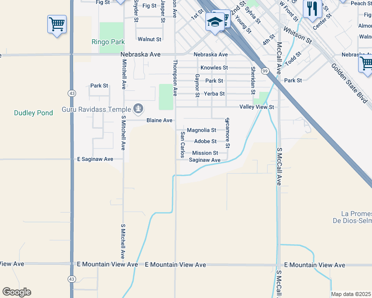 map of restaurants, bars, coffee shops, grocery stores, and more near 2430 Mission St in Selma