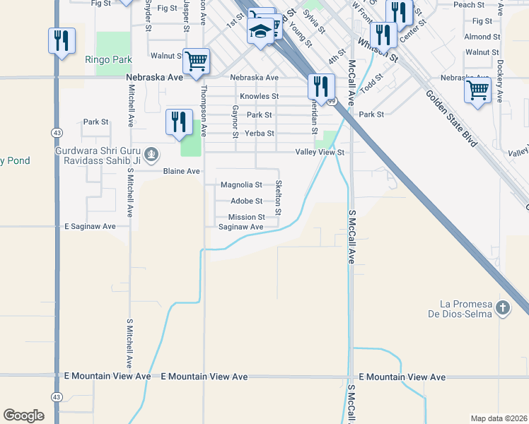 map of restaurants, bars, coffee shops, grocery stores, and more near 2218 Mission St in Selma