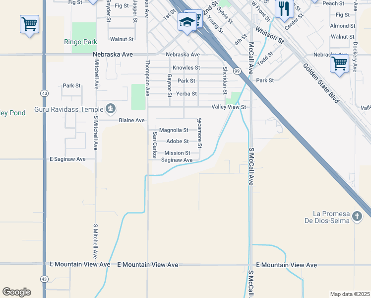 map of restaurants, bars, coffee shops, grocery stores, and more near 2230 Mission St in Selma