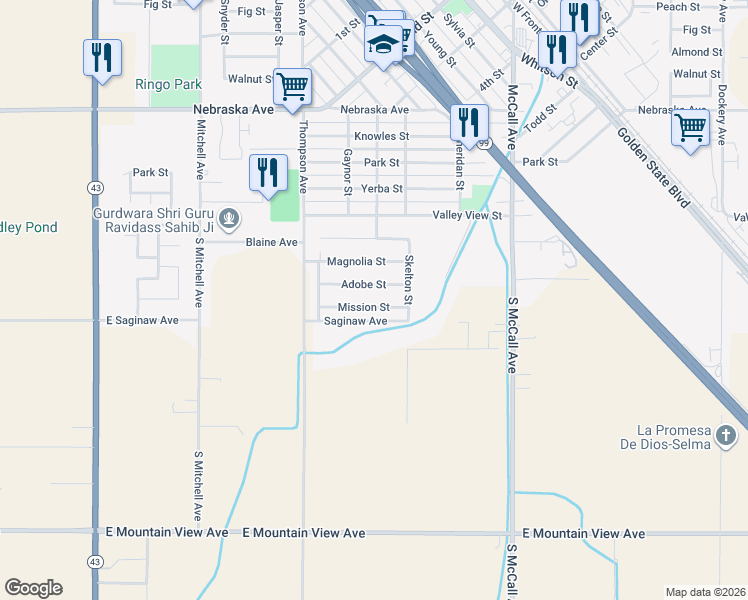 map of restaurants, bars, coffee shops, grocery stores, and more near 2302 Mission St in Selma
