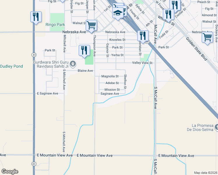 map of restaurants, bars, coffee shops, grocery stores, and more near 2326 Mission St in Selma