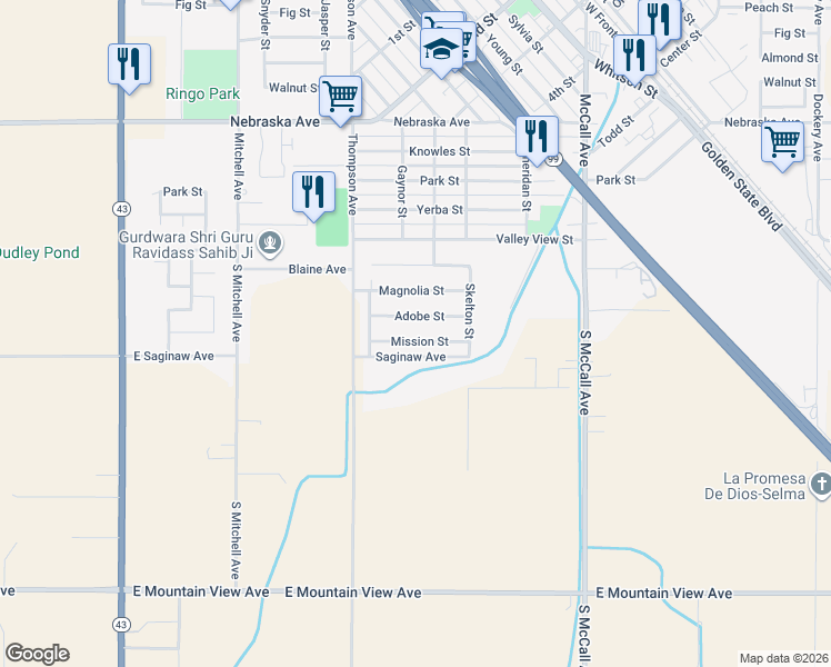 map of restaurants, bars, coffee shops, grocery stores, and more near 2320 Mission St in Selma