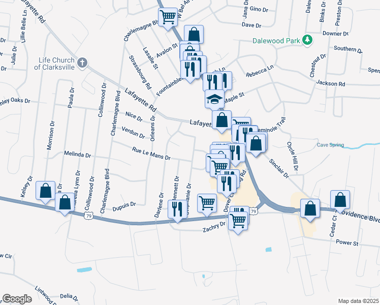 map of restaurants, bars, coffee shops, grocery stores, and more near 242 Stephanie Drive in Clarksville