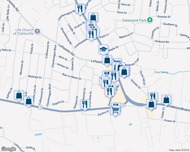 map of restaurants, bars, coffee shops, grocery stores, and more near 242 Stephanie Drive in Clarksville