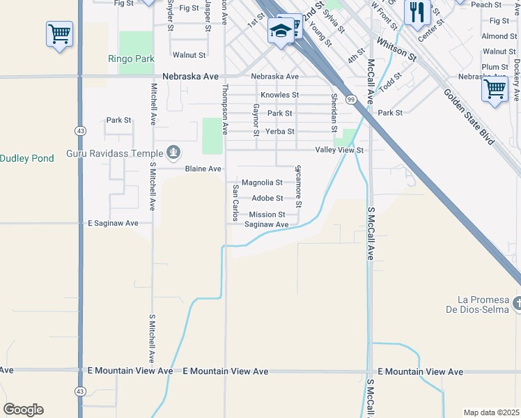 map of restaurants, bars, coffee shops, grocery stores, and more near 2326 Mission St in Selma