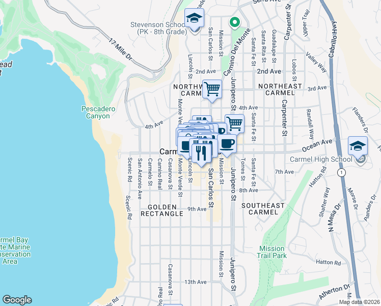 map of restaurants, bars, coffee shops, grocery stores, and more near in Carmel-by-the-Sea