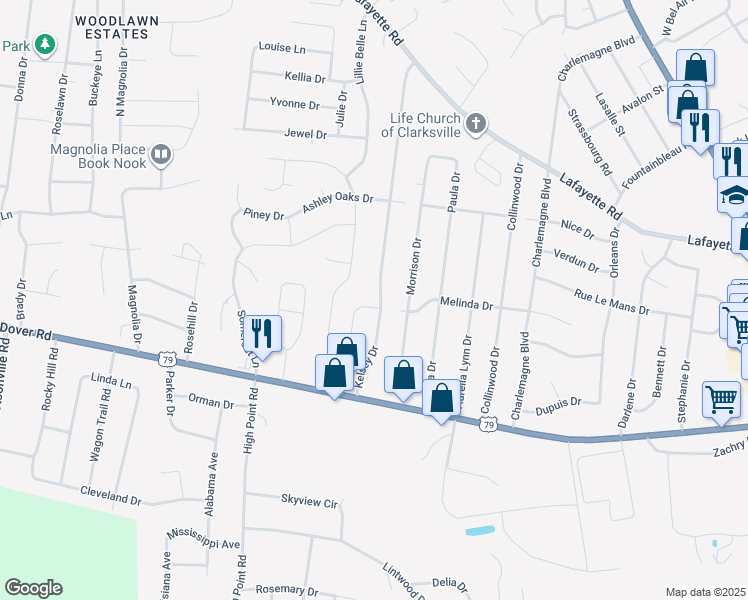 map of restaurants, bars, coffee shops, grocery stores, and more near 426 Kelsey Drive in Clarksville