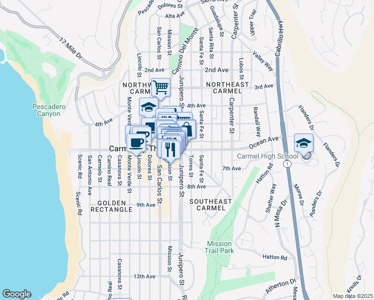 map of restaurants, bars, coffee shops, grocery stores, and more near Ocean Avenue in Carmel