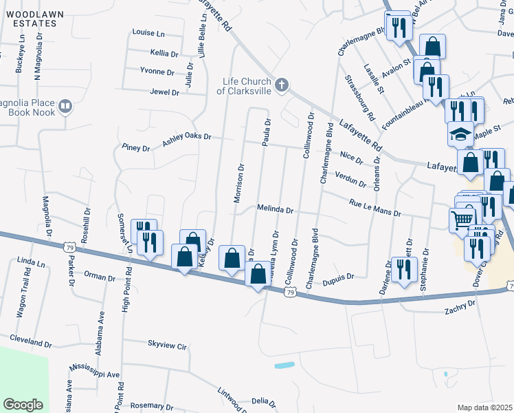 map of restaurants, bars, coffee shops, grocery stores, and more near 411 Melinda Drive in Clarksville