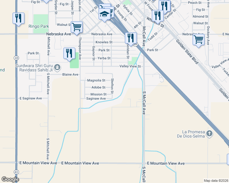 map of restaurants, bars, coffee shops, grocery stores, and more near 1524 Skelton Street in Selma
