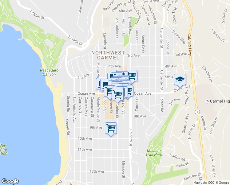 map of restaurants, bars, coffee shops, grocery stores, and more near 3NW Ocean Avenue in Carmel