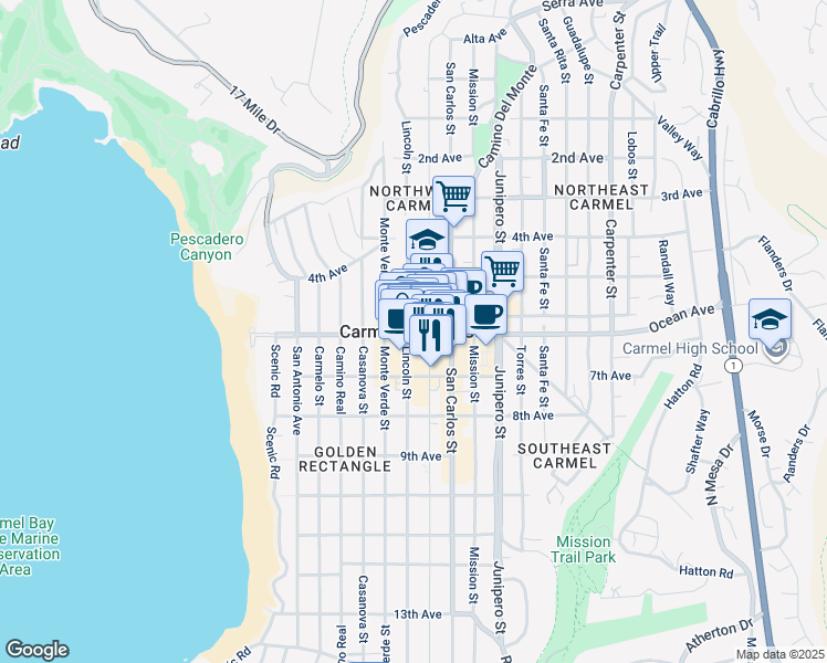 map of restaurants, bars, coffee shops, grocery stores, and more near in Carmel-by-the-Sea