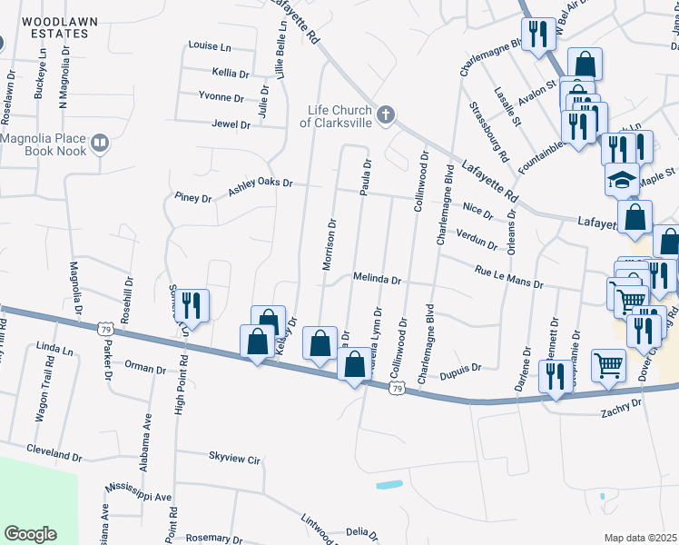 map of restaurants, bars, coffee shops, grocery stores, and more near 520 Morrison Drive in Clarksville