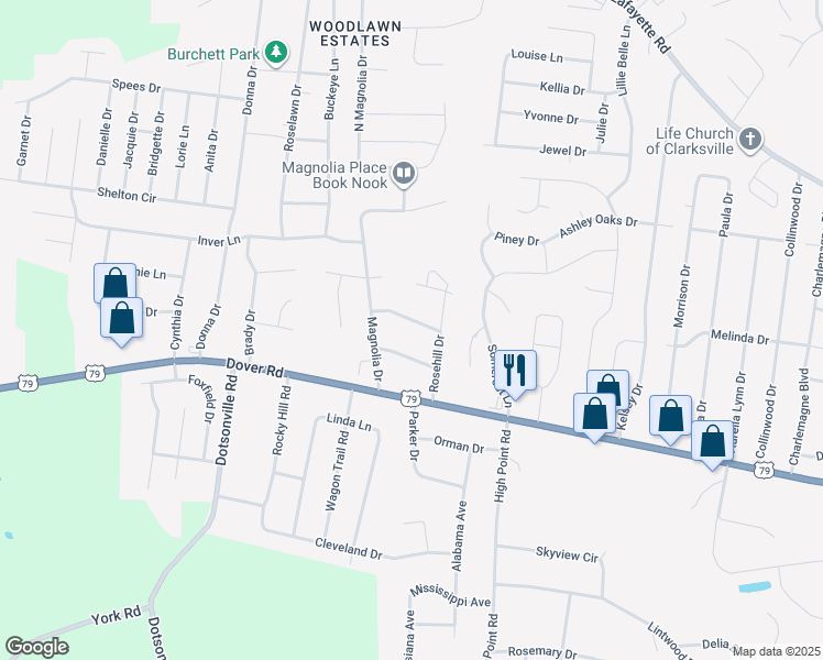 map of restaurants, bars, coffee shops, grocery stores, and more near 606 Mayflower Street in Clarksville