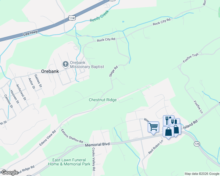 map of restaurants, bars, coffee shops, grocery stores, and more near 360 Stage Road in Kingsport