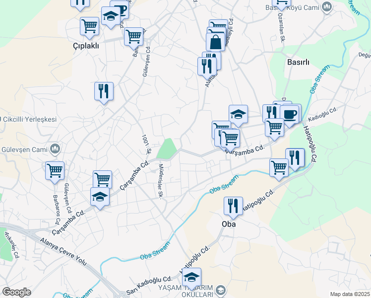 map of restaurants, bars, coffee shops, grocery stores, and more near 51/B Çarşamba Caddesi in Alanya