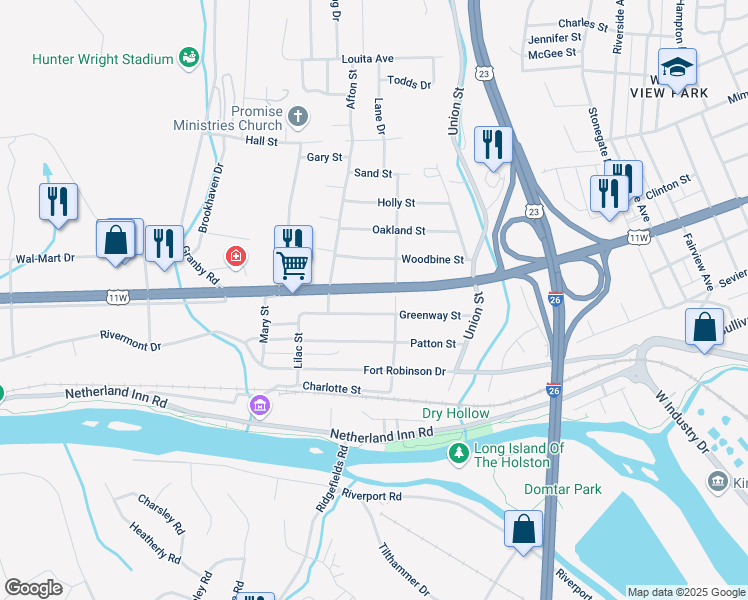map of restaurants, bars, coffee shops, grocery stores, and more near 2000 Greenway Street in Kingsport