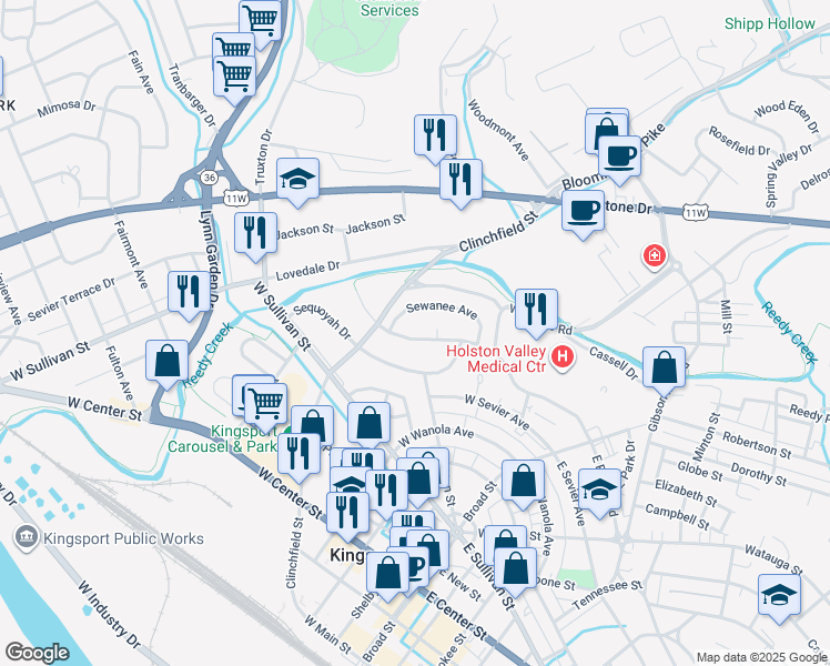 map of restaurants, bars, coffee shops, grocery stores, and more near 323 Cherokee Village Drive in Kingsport