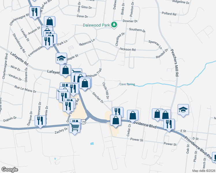 map of restaurants, bars, coffee shops, grocery stores, and more near 112 Circle Hill Drive in Clarksville