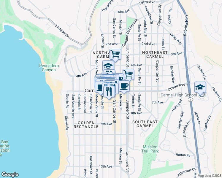 map of restaurants, bars, coffee shops, grocery stores, and more near in Carmel-by-the-Sea