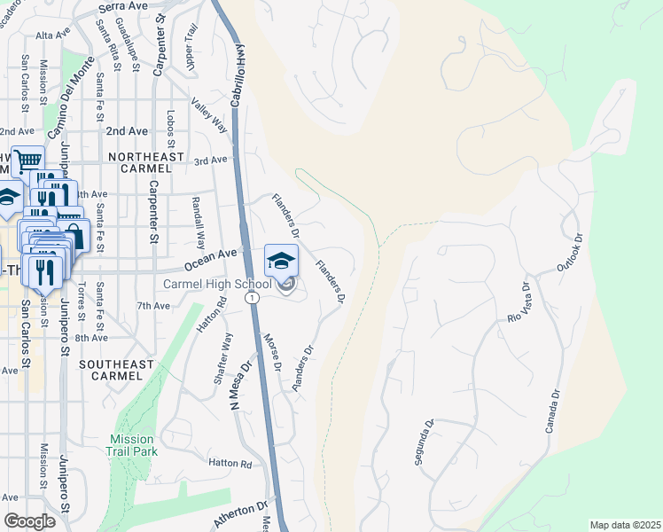 map of restaurants, bars, coffee shops, grocery stores, and more near 25349 Flanders Drive in Carmel-by-the-Sea