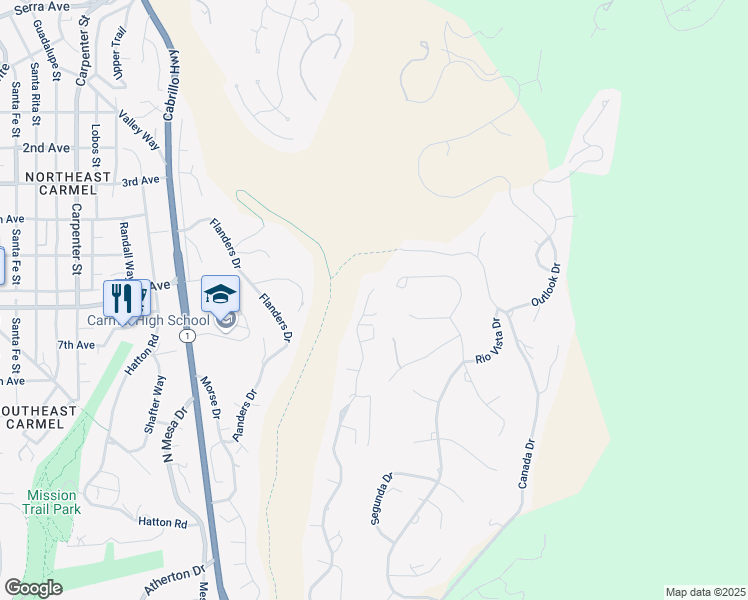 map of restaurants, bars, coffee shops, grocery stores, and more near 25354 Carmel Knolls Drive in Carmel-by-the-Sea