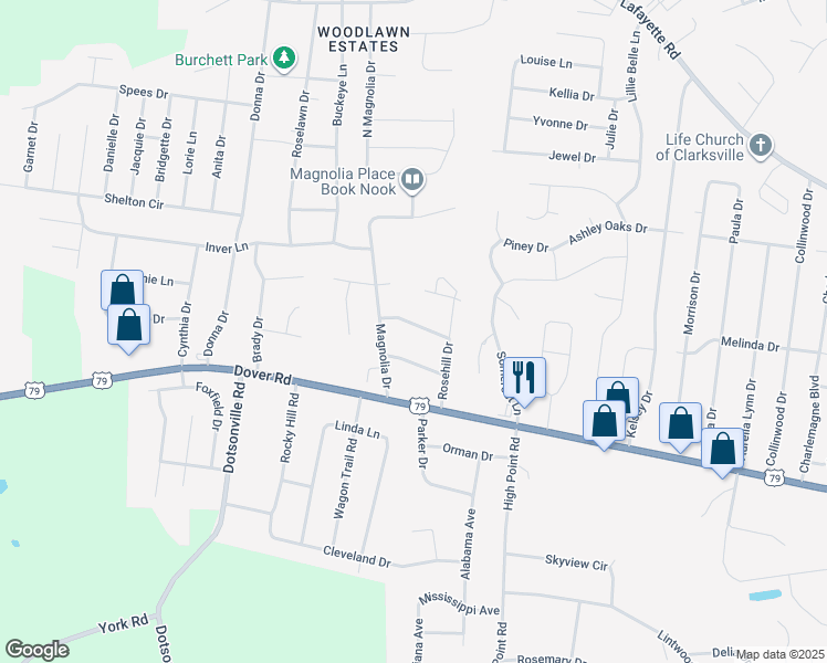 map of restaurants, bars, coffee shops, grocery stores, and more near 606 Mayflower Street in Clarksville
