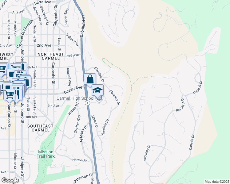 map of restaurants, bars, coffee shops, grocery stores, and more near 25349 Flanders Drive in Carmel-by-the-Sea