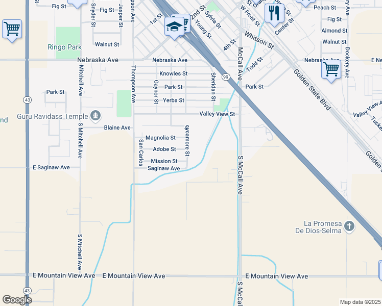 map of restaurants, bars, coffee shops, grocery stores, and more near 1602 Skelton Street in Selma