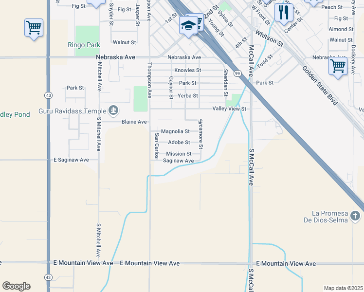 map of restaurants, bars, coffee shops, grocery stores, and more near 2311 Adobe Street in Selma