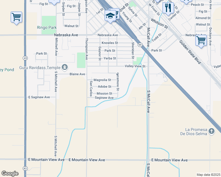 map of restaurants, bars, coffee shops, grocery stores, and more near 2227 Adobe Street in Selma