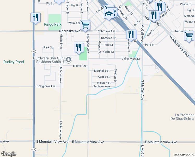 map of restaurants, bars, coffee shops, grocery stores, and more near 2413 Adobe Street in Selma