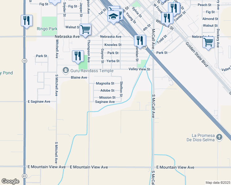 map of restaurants, bars, coffee shops, grocery stores, and more near 2221 Adobe Street in Selma