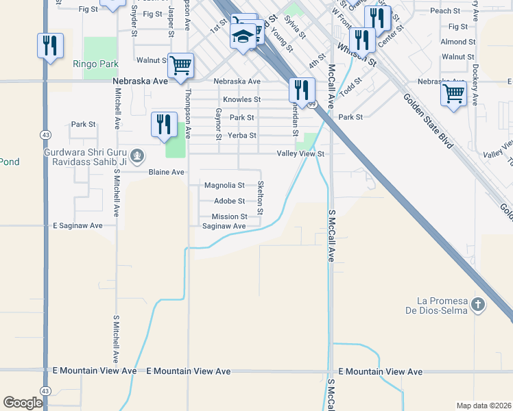 map of restaurants, bars, coffee shops, grocery stores, and more near 2203 Adobe Street in Selma