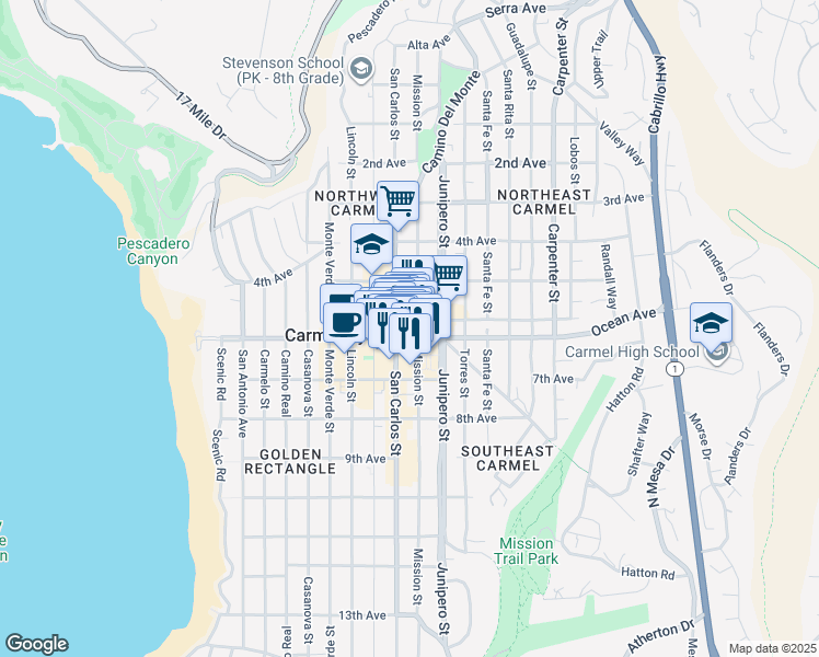 map of restaurants, bars, coffee shops, grocery stores, and more near 12 Mission Street in Carmel-by-the-Sea