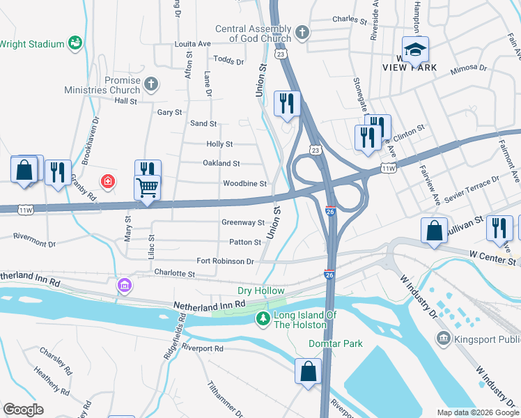 map of restaurants, bars, coffee shops, grocery stores, and more near 1928 Greenway Street in Kingsport