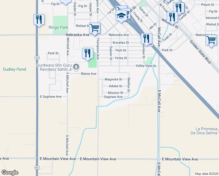 map of restaurants, bars, coffee shops, grocery stores, and more near 2407 Adobe Street in Selma