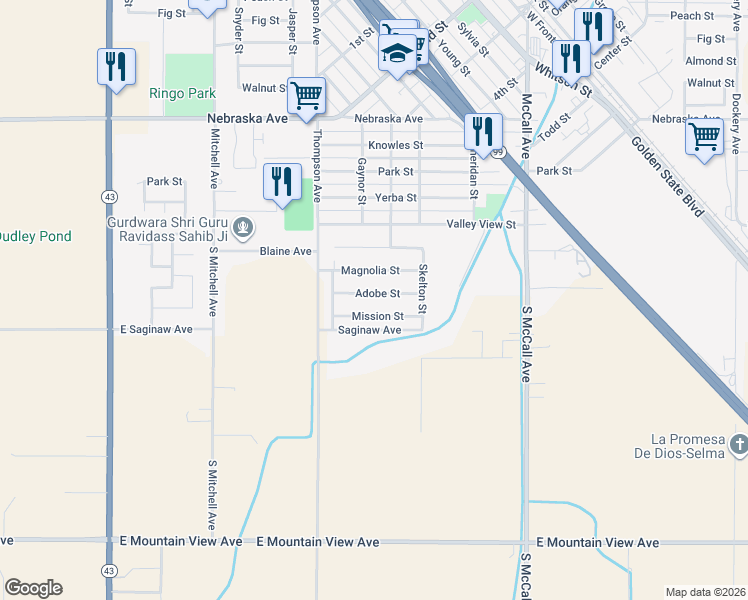 map of restaurants, bars, coffee shops, grocery stores, and more near 2323 Adobe Street in Selma
