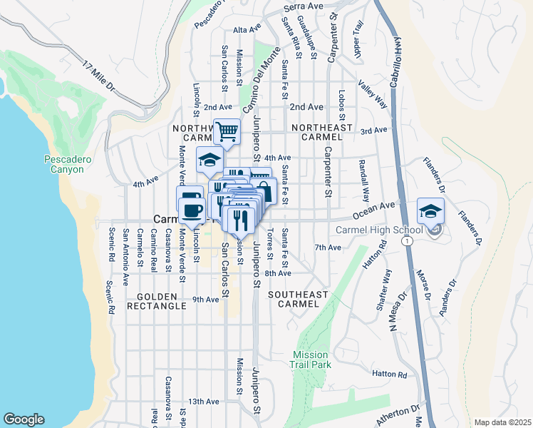 map of restaurants, bars, coffee shops, grocery stores, and more near 58 Torres Street in Carmel-by-the-Sea