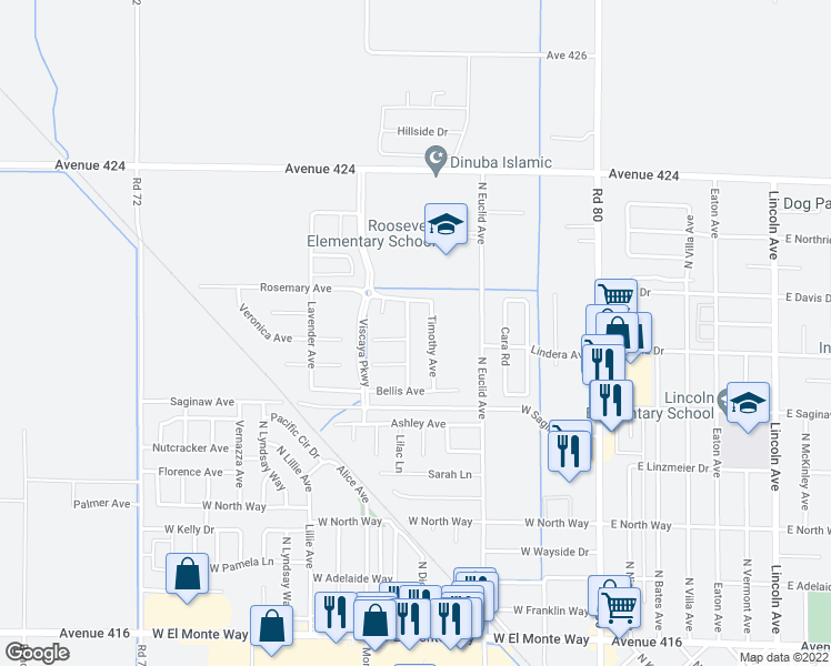 map of restaurants, bars, coffee shops, grocery stores, and more near 1146 Heather Avenue in Dinuba