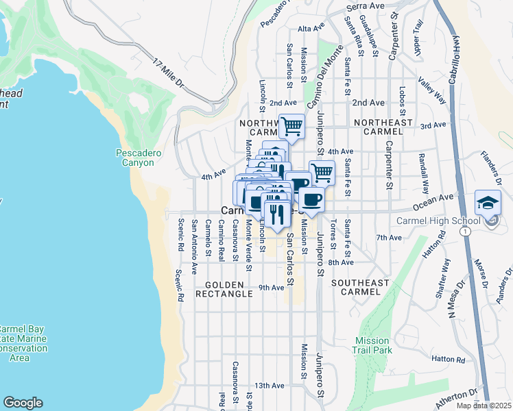 map of restaurants, bars, coffee shops, grocery stores, and more near in Carmel-by-the-Sea