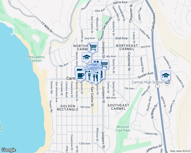 map of restaurants, bars, coffee shops, grocery stores, and more near 12 Mission Street in Carmel-by-the-Sea