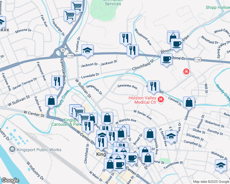 map of restaurants, bars, coffee shops, grocery stores, and more near 322 Cherokee Village Drive in Kingsport