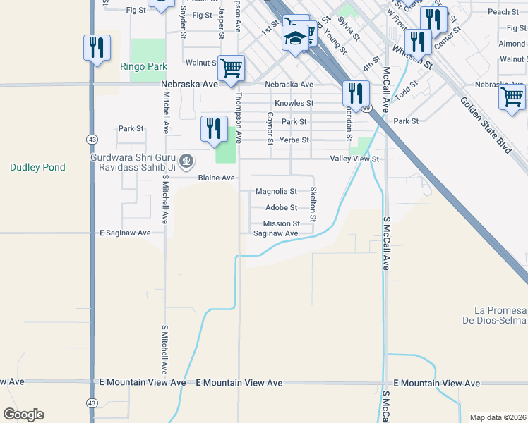 map of restaurants, bars, coffee shops, grocery stores, and more near 2413 Adobe Street in Selma