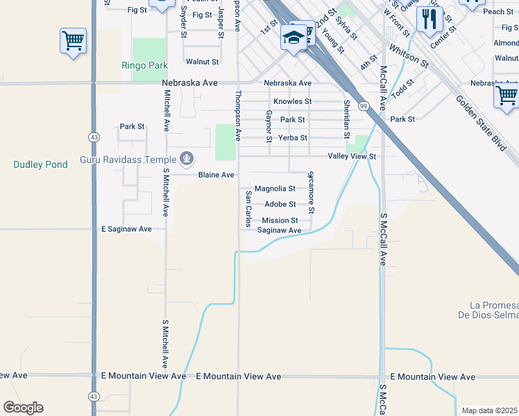 map of restaurants, bars, coffee shops, grocery stores, and more near 2419 Adobe Street in Selma