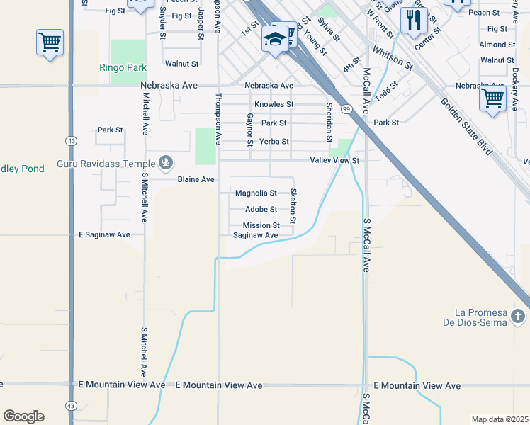 map of restaurants, bars, coffee shops, grocery stores, and more near 2311 Adobe Street in Selma