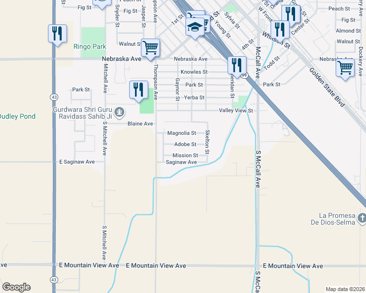 map of restaurants, bars, coffee shops, grocery stores, and more near 2323 Adobe Street in Selma