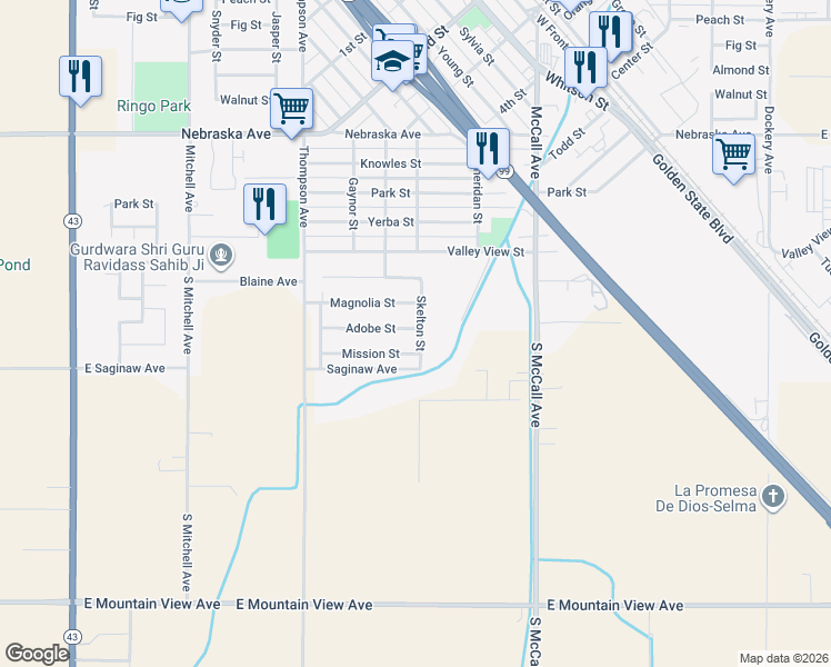 map of restaurants, bars, coffee shops, grocery stores, and more near 2203 Adobe Street in Selma