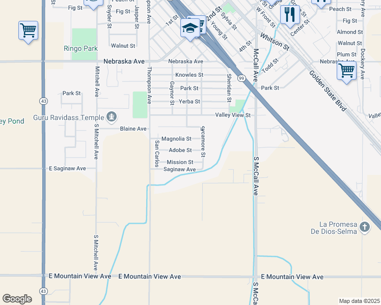 map of restaurants, bars, coffee shops, grocery stores, and more near 2227 Adobe Street in Selma